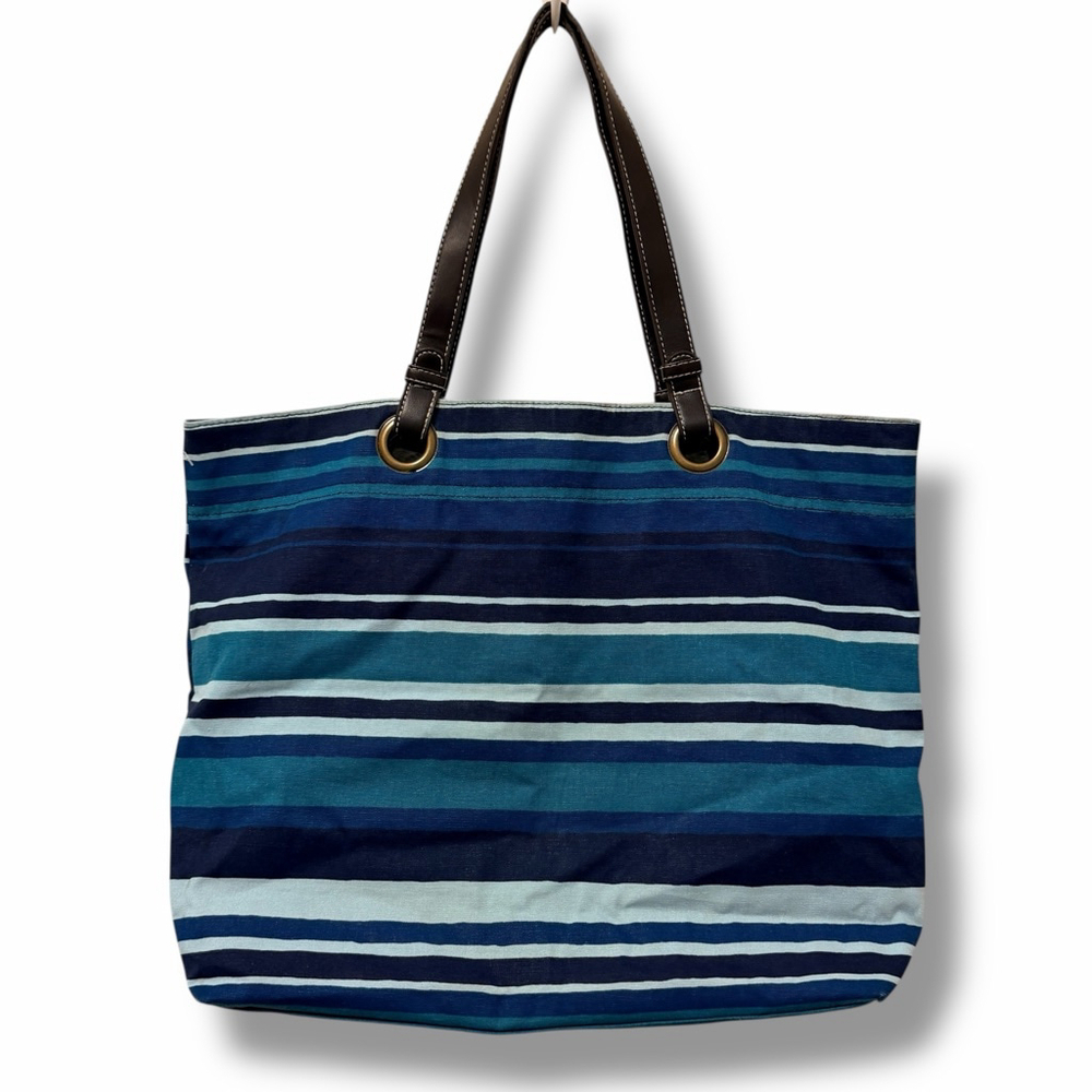 Boho Blue Striped Canvas Tote Bag Brown Faux Leather Handles Shoulder Bag